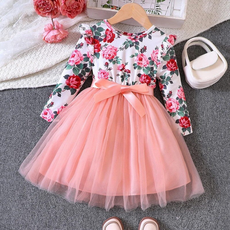 Nova proljetna i jesenska mrežasta haljina za djevojčice s letećim rukavima i dugim rukavima za djecu osnovnih i srednjih škola