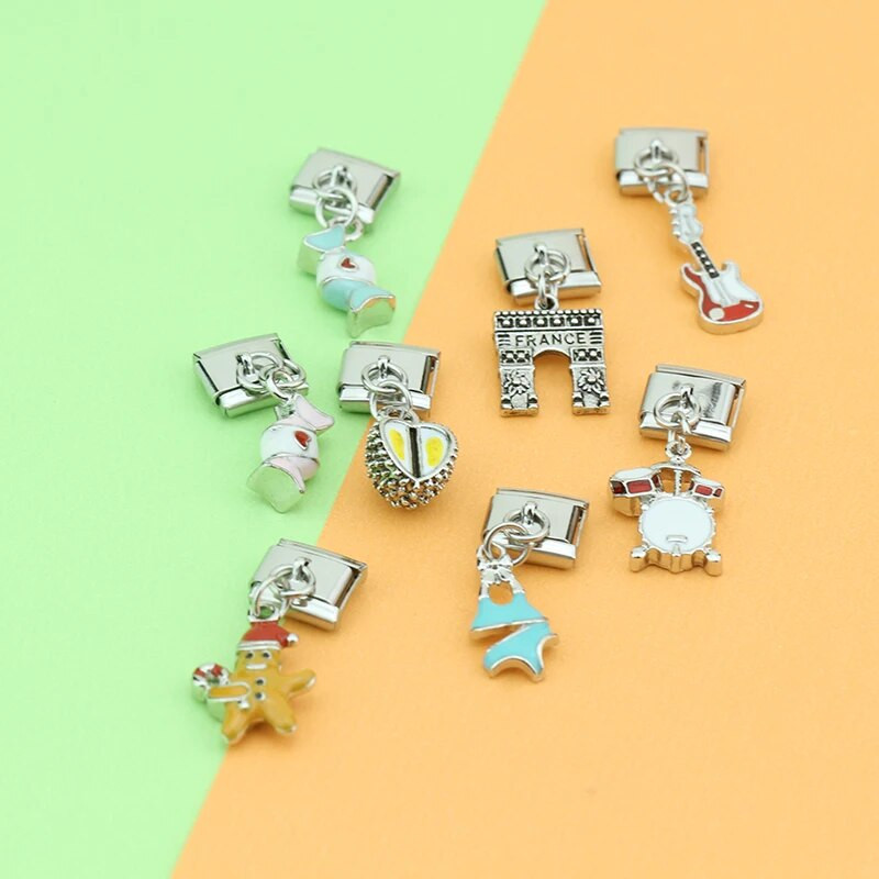 Hapiship Fashion Bikini Drums Candy Durian Κιθάρα Italian Links Charm Fit 9mm Βραχιόλι από ανοξείδωτο ατσάλι Κοσμήματα DIY Making DJ099