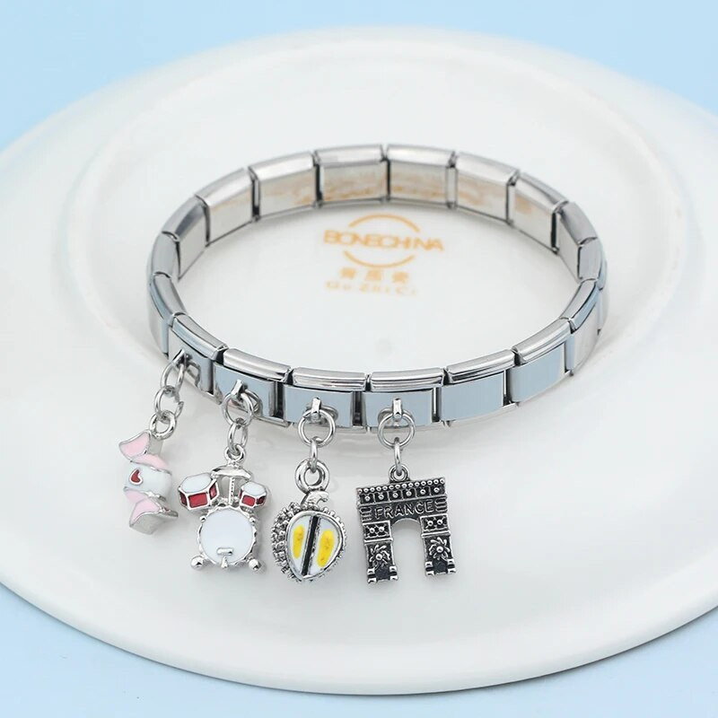 Hapiship Fashion Bikini Drums Candy Durian Κιθάρα Italian Links Charm Fit 9mm Βραχιόλι από ανοξείδωτο ατσάλι Κοσμήματα DIY Making DJ099