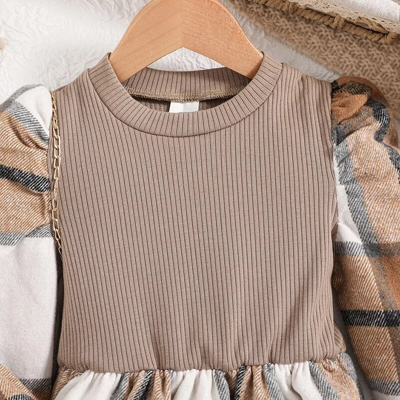 Nova jesenska haljina za djevojčice 4-7 godina kaki pletena patchwork karirana haljina s dugim rukavima za djevojčice Ležerna retro haljina u korejskom stilu