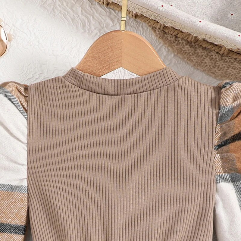 Nova jesenska haljina za djevojčice 4-7 godina kaki pletena patchwork karirana haljina s dugim rukavima za djevojčice Ležerna retro haljina u korejskom stilu