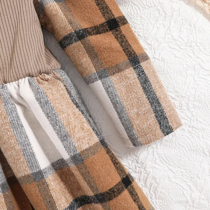 Nova jesenska haljina za djevojčice 4-7 godina kaki pletena patchwork karirana haljina s dugim rukavima za djevojčice Ležerna retro haljina u korejskom stilu