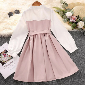Пролетна и есенна рокля за момиче с ревер и дълъг ръкав, едноредова розова и бяла пола с връзки и дълга до коляното