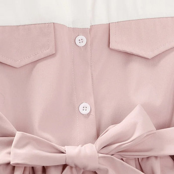 Κοριτσίστικο ανοιξιάτικο και φθινοπωρινό φόρεμα με πέτο με μακρυμάνικο μονό στήθος, ροζ και άσπρο με κορδόνια, φούστα σε γραμμή Α, μέχρι το γόνατο