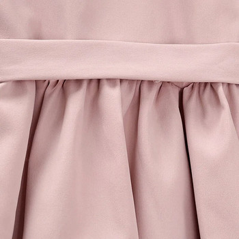 Пролетна и есенна рокля за момиче с ревер и дълъг ръкав, едноредова розова и бяла пола с връзки и дълга до коляното