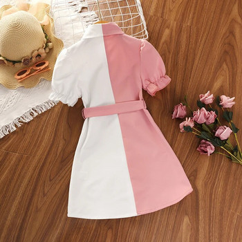 Καλοκαιρινό κοριτσίστικο φόρεμα 2023 Πολυεστερικό πουκάμισο συνονθύλευμα Χρώμα πέτο φουσκωτό μανίκι με κορδόνι Φούστα σε γραμμή Α μέχρι το γόνατο Μοντέρνο γλυκό