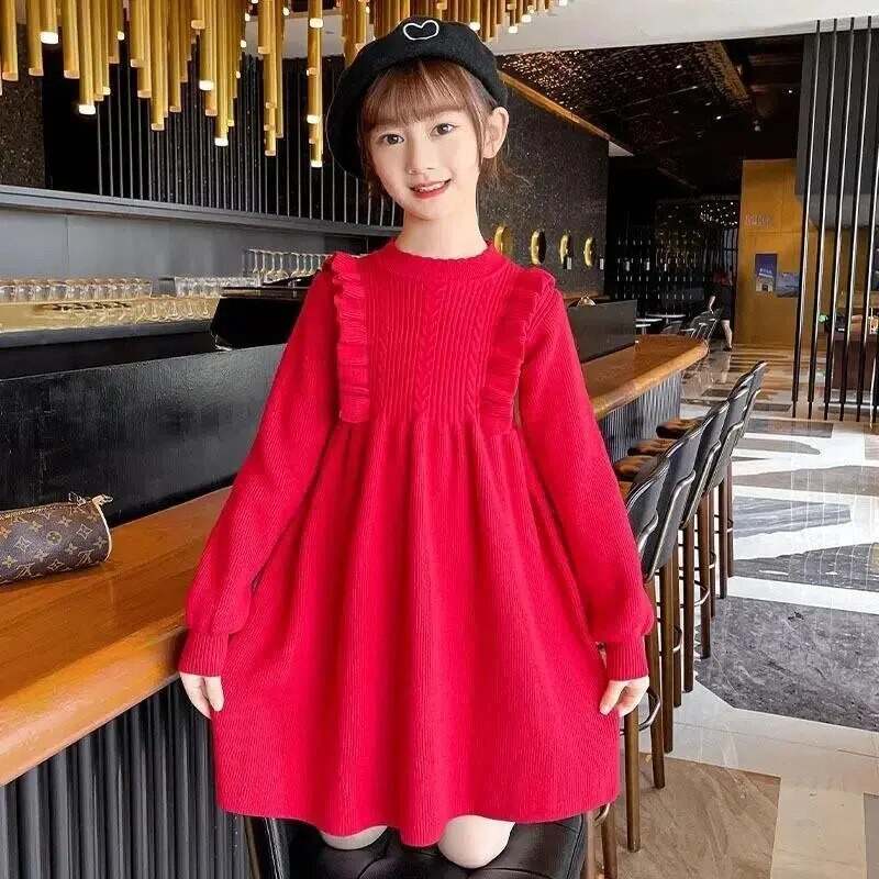 Madinga rudens žiemos mergaičių megzta vilnonė suknelė pavasario rudens stiliaus vaikų drabužiai Madingi miela princesės stiliaus ilgomis rankovėmis