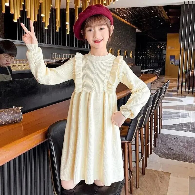 Madinga rudens žiemos mergaičių megzta vilnonė suknelė pavasario rudens stiliaus vaikų drabužiai Madingi miela princesės stiliaus ilgomis rankovėmis