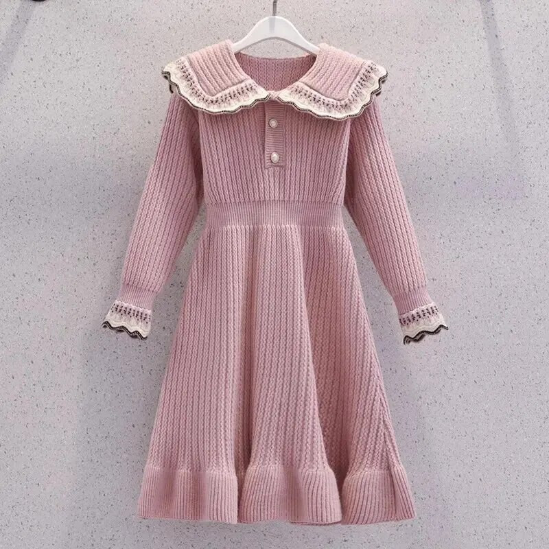 Tüdrukutele Lõhnav Stiilis Villane mantel seelik Sügistalv Keskmine Laste Mood Klappkrae Kootud Kleit Talve Siserõiva Seelik