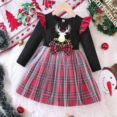 Prowow 3-7Y Vaikiškos kalėdinės suknelės mergaitėms Red Deers spausdinta suknelė su diržu Naujųjų metų kostiumas vaikams Kalėdiniai drabužiai