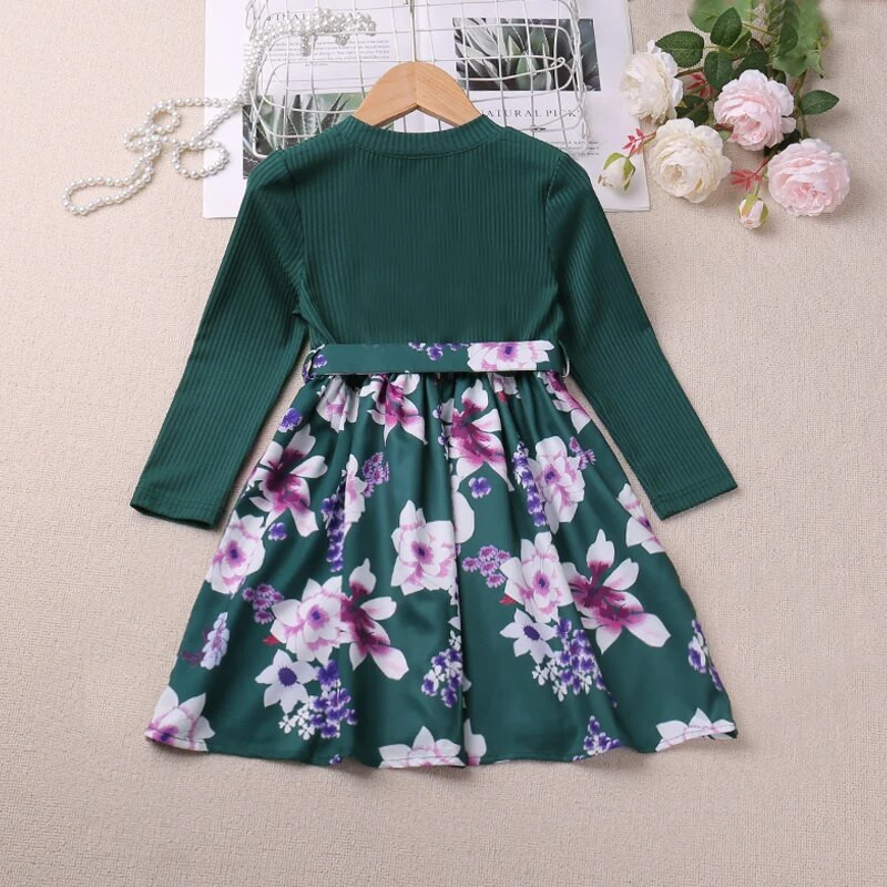 Humor Bear Djevojačka patchwork cvjetna haljina s visokim strukom, uskog kroja, dugih rukava, modernog stila Dječja odjeća