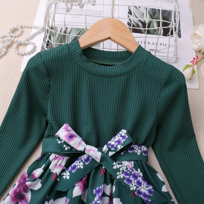 Humor Bear Djevojačka patchwork cvjetna haljina s visokim strukom, uskog kroja, dugih rukava, modernog stila Dječja odjeća