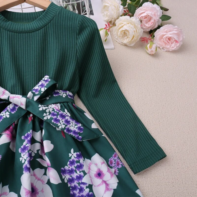 Humor Bear Djevojačka patchwork cvjetna haljina s visokim strukom, uskog kroja, dugih rukava, modernog stila Dječja odjeća