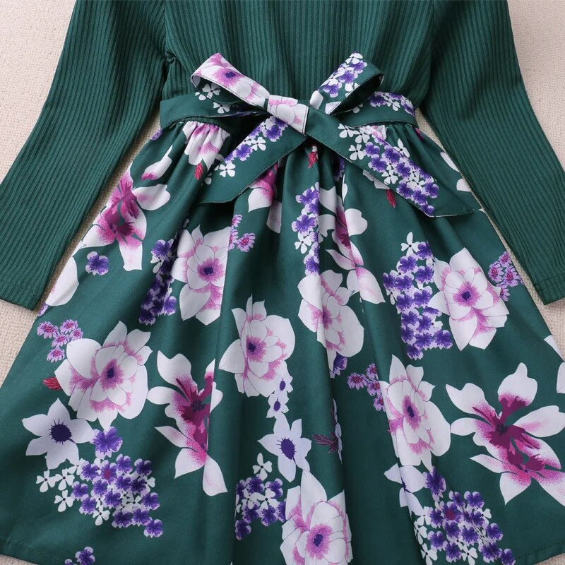 Humor Bear Djevojačka patchwork cvjetna haljina s visokim strukom, uskog kroja, dugih rukava, modernog stila Dječja odjeća