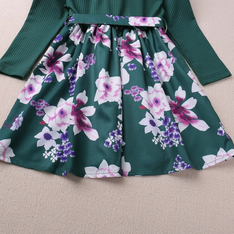 Humor Bear Djevojačka patchwork cvjetna haljina s visokim strukom, uskog kroja, dugih rukava, modernog stila Dječja odjeća