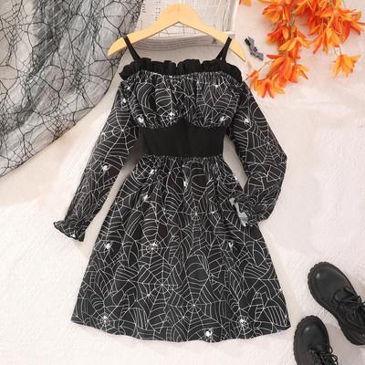 Φθινόπωρο Χειμώνας 2023 Νέα ρούχα για κορίτσια με μακριά μανίκια Φόρεμα με στάμπα από τον ώμο Φόρεμα για πάρτι μόδας 8 9 10 11 12 ετών