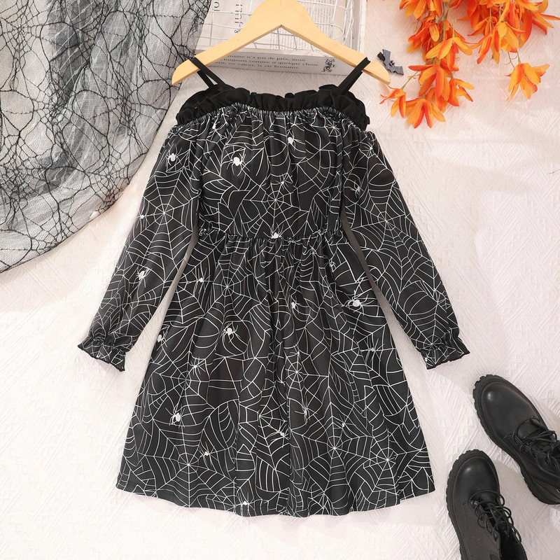 Φθινόπωρο Χειμώνας 2023 Νέα ρούχα για κορίτσια με μακριά μανίκια Φόρεμα με στάμπα από τον ώμο Φόρεμα για πάρτι μόδας 8 9 10 11 12 ετών