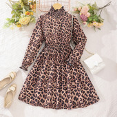 2023 m. didelės mergaičių suknelės rudeninės ilgomis rankovėmis, madingos leopardo suknelės su aukštu kaklu Vaikų suknelės vakarėliams Mergaičių suknelės princesėms 8 9 10 11 12 metų