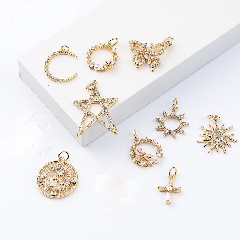 Zvijezda Sunce Privjesci za naušnice Pribor za izradu ogrlica Zlatna boja Diy Nakit privjesci Metal Bakar CZ Cirkon