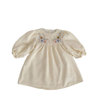 Пролетна рокля за момиченце Облекло за бебета Есенна детска рокля с дантелена яка с балончета с дълъг ръкав Раирана дамска рокля