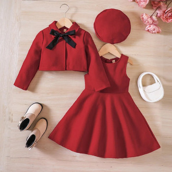 Нова рокля за момичета от 2023 г. Тениска с дълги ръкави с отложна яка и панделка Червени поли Сладка дизайнерска рокля за момичета на принцеса Vestido 18M-7T