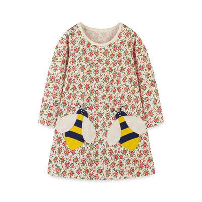 Jumping Meters 2-7T дълъг ръкав Bee Embroidery Princess Girls Dreches Floral Print Детски дрехи Парти за малки деца Рожден ден