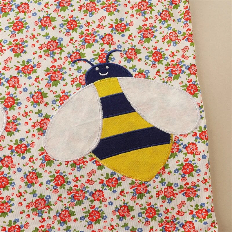 Hüppemeetrid 2-7T pikkade varrukatega mesilaste tikand Printsess tüdrukute kleidid lilleprintidega Lasteriided Väikelapse sünnipäevapidu