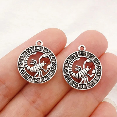 12 vnt sidabro spalvos 24x21 mm dvylikos žvaigždynų žavesio zodiako pakabukas, skirtas pasidaryk pats rankų darbo metalo astrologijos papuošalų kūrimo priedas
