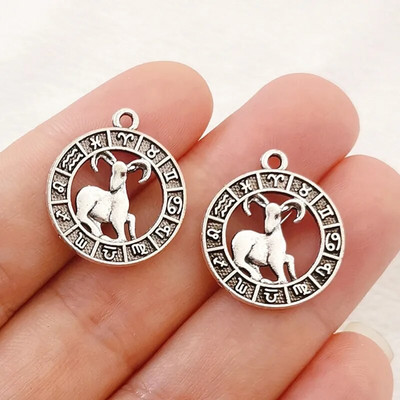 12 vnt sidabro spalvos 24x21 mm dvylikos žvaigždynų žavesio zodiako pakabukas, skirtas pasidaryk pats rankų darbo metalo astrologijos papuošalų kūrimo priedas
