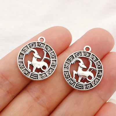 12 vnt sidabro spalvos 24x21 mm dvylikos žvaigždynų žavesio zodiako pakabukas, skirtas pasidaryk pats rankų darbo metalo astrologijos papuošalų kūrimo priedas