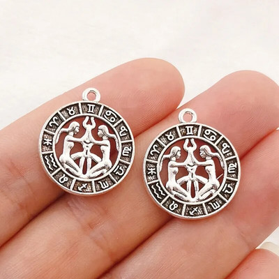 12 vnt sidabro spalvos 24x21 mm dvylikos žvaigždynų žavesio zodiako pakabukas, skirtas pasidaryk pats rankų darbo metalo astrologijos papuošalų kūrimo priedas