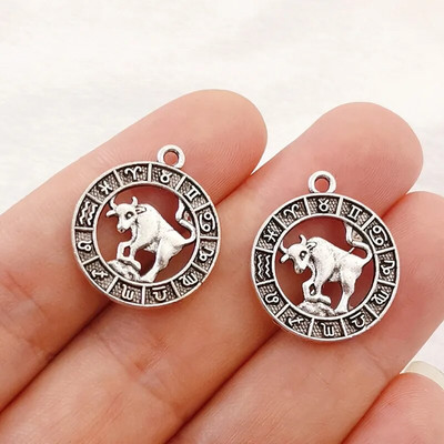 12 vnt sidabro spalvos 24x21 mm dvylikos žvaigždynų žavesio zodiako pakabukas, skirtas pasidaryk pats rankų darbo metalo astrologijos papuošalų kūrimo priedas