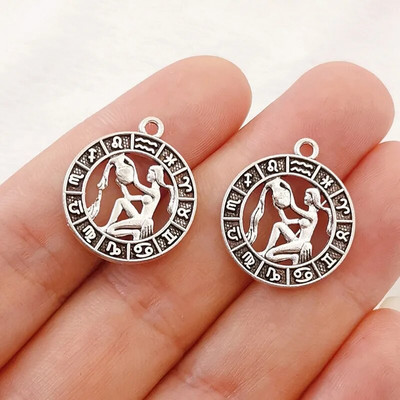12 vnt sidabro spalvos 24x21 mm dvylikos žvaigždynų žavesio zodiako pakabukas, skirtas pasidaryk pats rankų darbo metalo astrologijos papuošalų kūrimo priedas