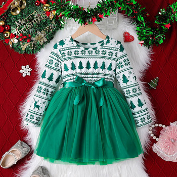 Детска коледна рокля за момичета Дрехи 2023 г. Нова есенно-зимна детска детска коледна щампа с дълъг ръкав Коледна ежедневна рокля на принцеса от тюл