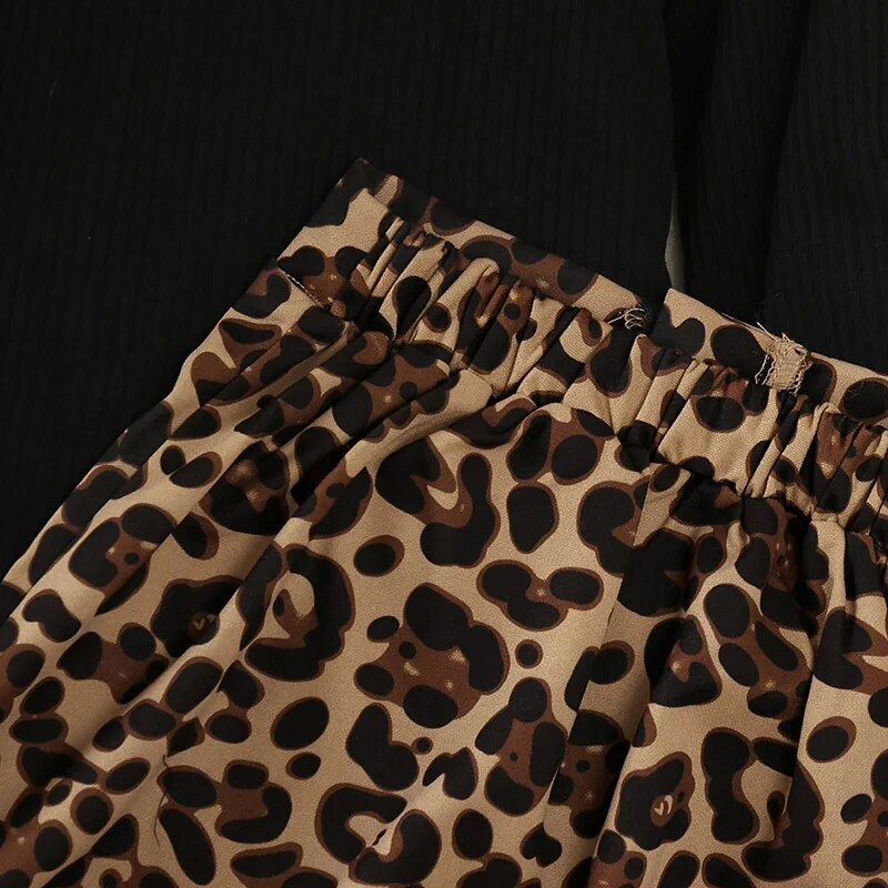 Φθινοπωρινή νέα στολή για κορίτσια 2-6 ετών Μαύρο πλεκτό μακρυμάνικο μπλουζάκι για κορίτσια + λεοπάρ φούστα με φερμουάρ Κορεάτικο στυλ casual κοστούμια διακοπών