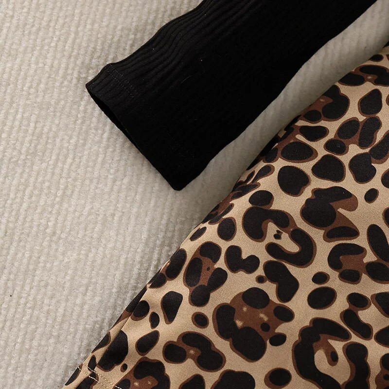 Φθινοπωρινή νέα στολή για κορίτσια 2-6 ετών Μαύρο πλεκτό μακρυμάνικο μπλουζάκι για κορίτσια + λεοπάρ φούστα με φερμουάρ Κορεάτικο στυλ casual κοστούμια διακοπών