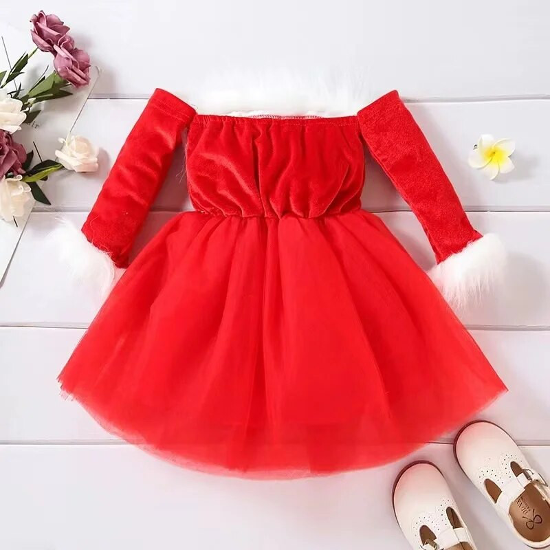 Kalėdų rudens ir žiemos mergaičių kūdikių drabužėliai vakarėlio suknelės Princesės pliušinė vienos linijos apykakle su ilgomis rankovėmis tiulio suknelė