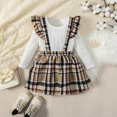 Κοριτσίστικο Σετ με στρογγυλή λαιμόκοψη, μακρύ μανίκι, μονόχρωμο τοπ καρό λουράκι, κοντή φούστα μόδας για το σπίτι Ταξίδι