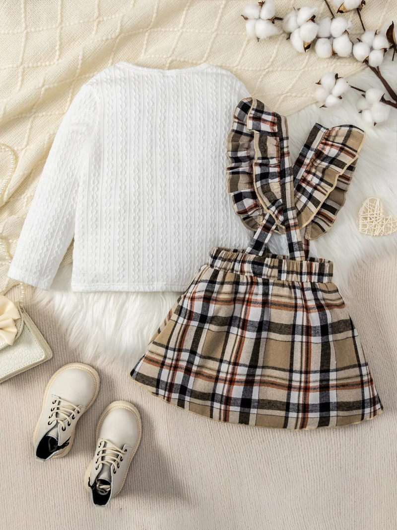 Κοριτσίστικο Σετ με στρογγυλή λαιμόκοψη, μακρύ μανίκι, μονόχρωμο τοπ καρό λουράκι, κοντή φούστα μόδας για το σπίτι Ταξίδι