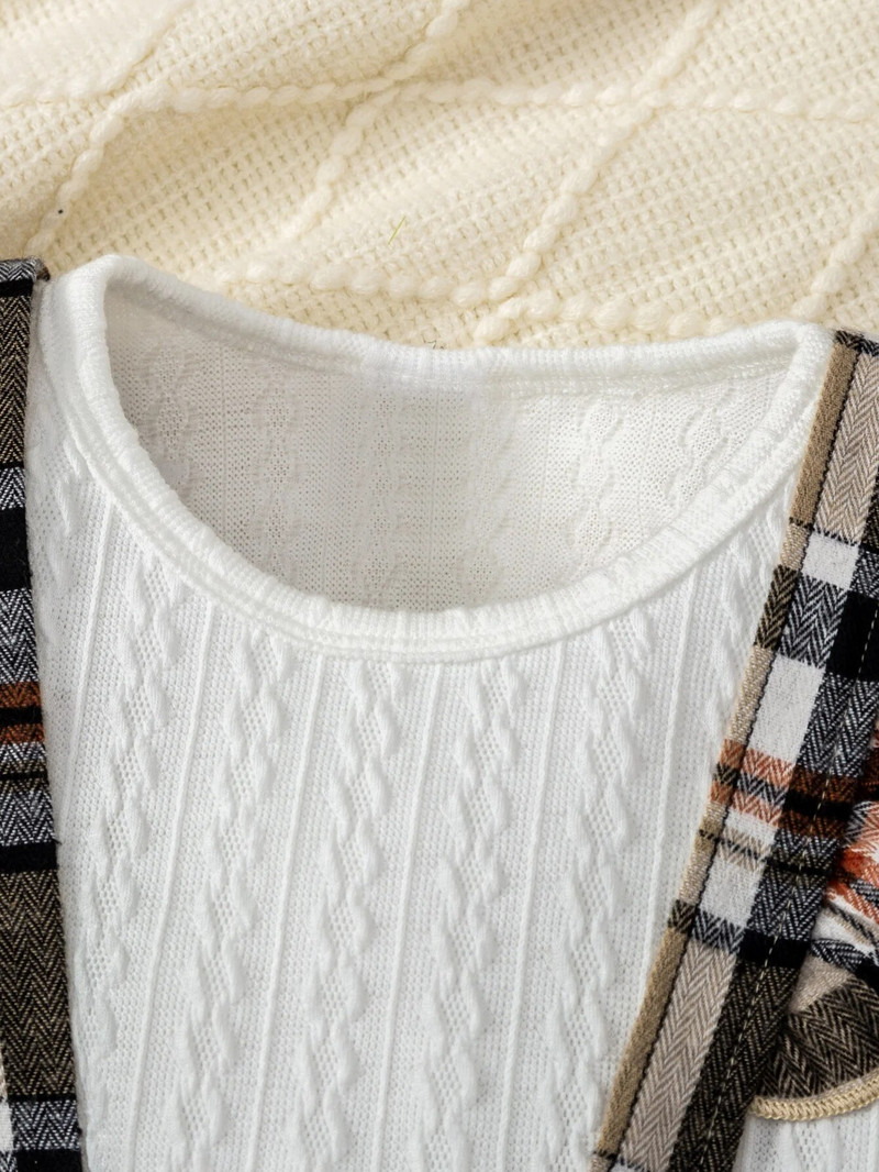 Κοριτσίστικο Σετ με στρογγυλή λαιμόκοψη, μακρύ μανίκι, μονόχρωμο τοπ καρό λουράκι, κοντή φούστα μόδας για το σπίτι Ταξίδι