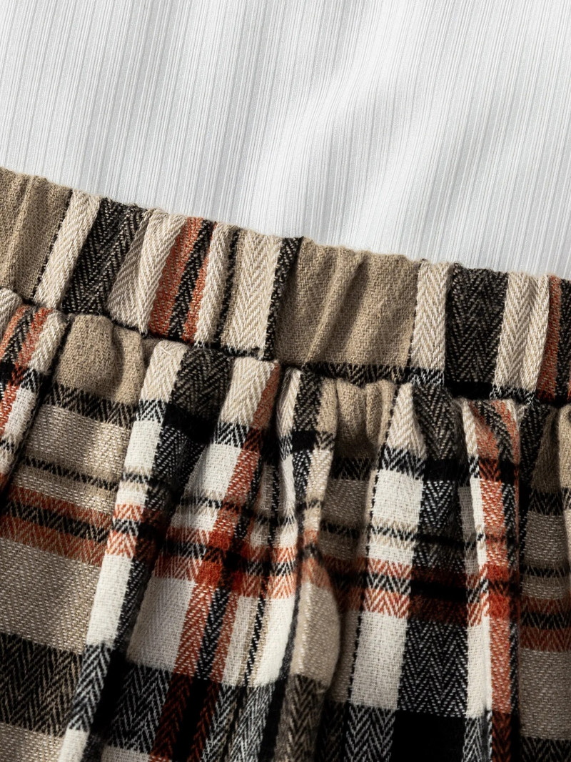 Κοριτσίστικο Σετ με στρογγυλή λαιμόκοψη, μακρύ μανίκι, μονόχρωμο τοπ καρό λουράκι, κοντή φούστα μόδας για το σπίτι Ταξίδι