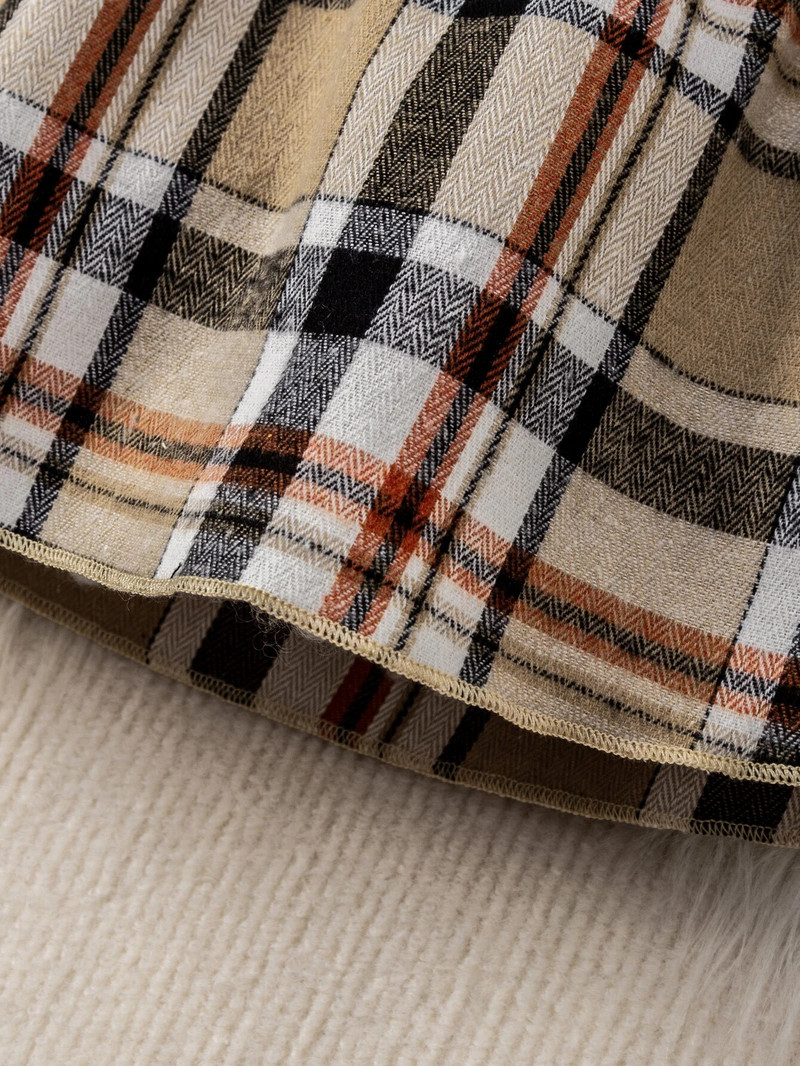 Κοριτσίστικο Σετ με στρογγυλή λαιμόκοψη, μακρύ μανίκι, μονόχρωμο τοπ καρό λουράκι, κοντή φούστα μόδας για το σπίτι Ταξίδι