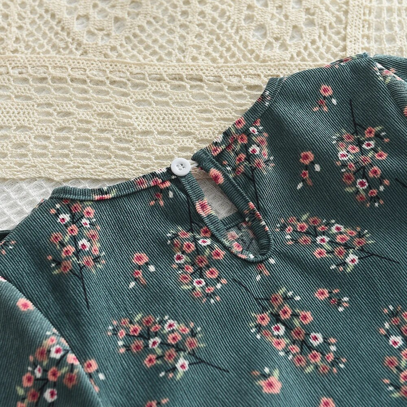 Tüdrukute kleit 2023. aasta sügis, uus, ümara kaelusega tüdrukute kleit, lillemustriga pikkade varrukatega kleit, laste moodne kleit