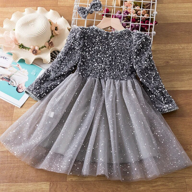 Sequin Girls Princess Party Dress for 3-8 Rs Παιδικά Γενέθλια Γαμήλια φόρεμα χορού χορού Ανοιξιάτικο Φθινοπωρινό μακρυμάνικο παιδικό φόρεμα