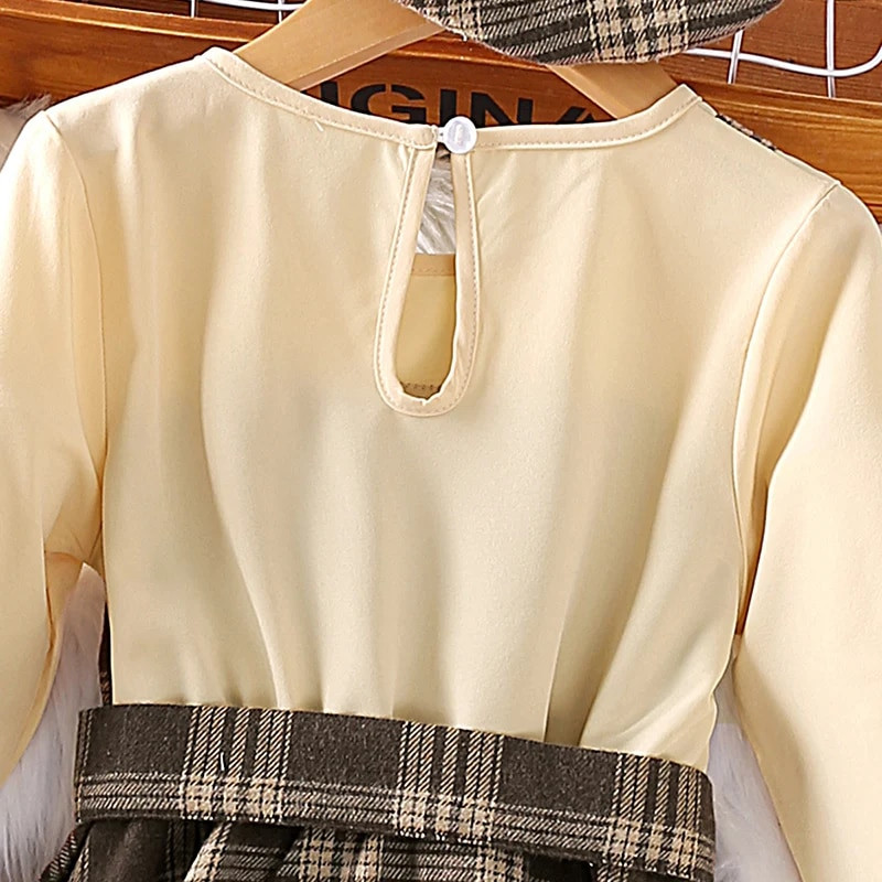 Kleit 4–7-aastastele tüdrukutele pruun ruuduline pikkade varrukatega kleit + pruun ruuduline müts tüdrukutele vabaaja retrokleit