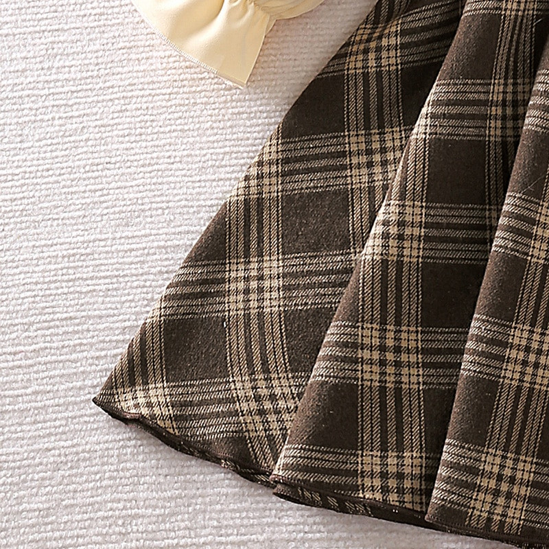 Kleit 4–7-aastastele tüdrukutele pruun ruuduline pikkade varrukatega kleit + pruun ruuduline müts tüdrukutele vabaaja retrokleit