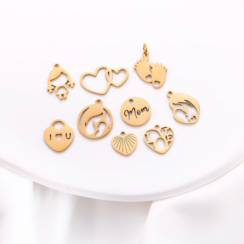 5 бр. Любовно сърце от неръждаема стомана＆Мама Деца Майчина любов Талисмани Изработка на колие Гривна Направи си сам Подарък за деня на майката Аксесоари за бижута