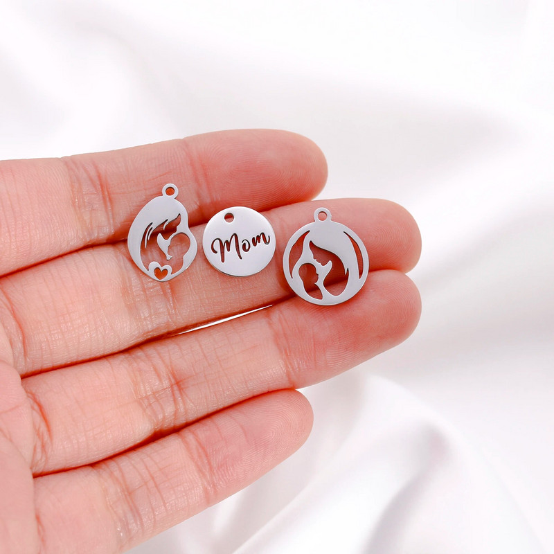 5 бр. Любовно сърце от неръждаема стомана＆Мама Деца Майчина любов Талисмани Изработка на колие Гривна Направи си сам Подарък за деня на майката Аксесоари за бижута