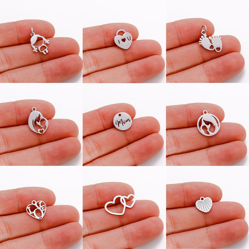 5 бр. Любовно сърце от неръждаема стомана＆Мама Деца Майчина любов Талисмани Изработка на колие Гривна Направи си сам Подарък за деня на майката Аксесоари за бижута