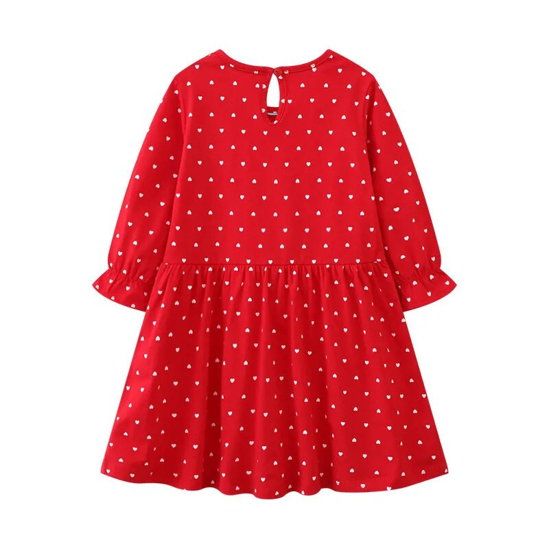 Šokinėjantys metrai 2023 m. Naujas atvykimas Raudonos princesės mergaičių suknelės širdelių spausdinimas mielas rudeninis pavasaris vaikiški drabužiai vakarėliui, vaikiškos suknelės